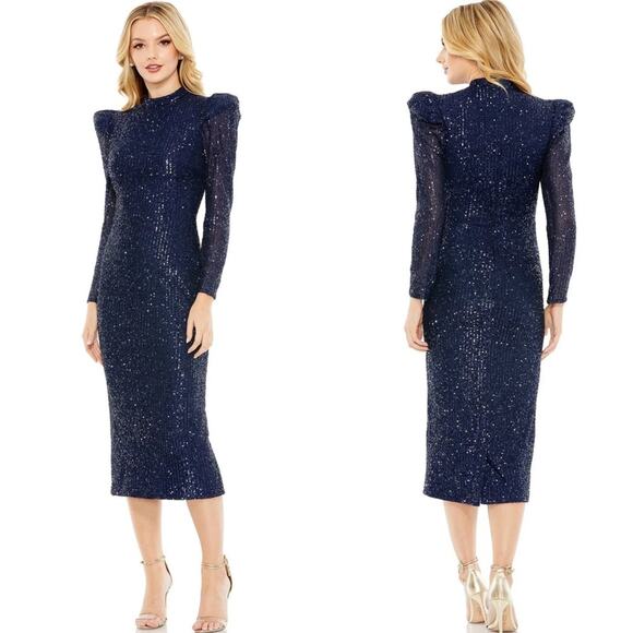 NWT Leena Mac Duggal 42020 High Neckline Long Sleeve Sequin Midi Dress. - Picture 1 of 9